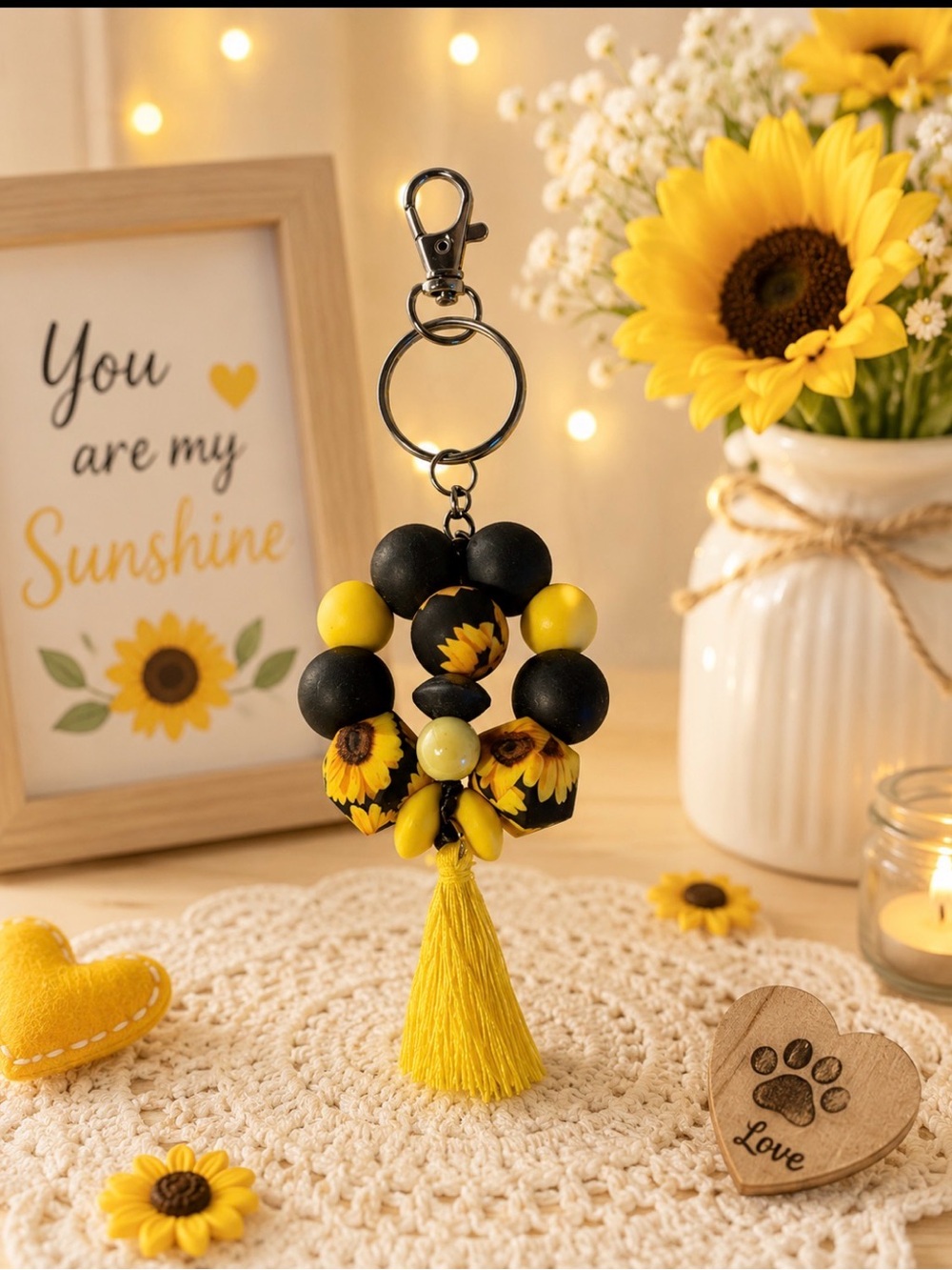 Handmade Sunflower Tassel Keychain - Yellow Black